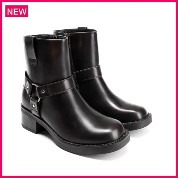 Women's Ankle Booties Motorcycle Boots Chunky Heel Side Zipper Buckles - Picture 6 of 8